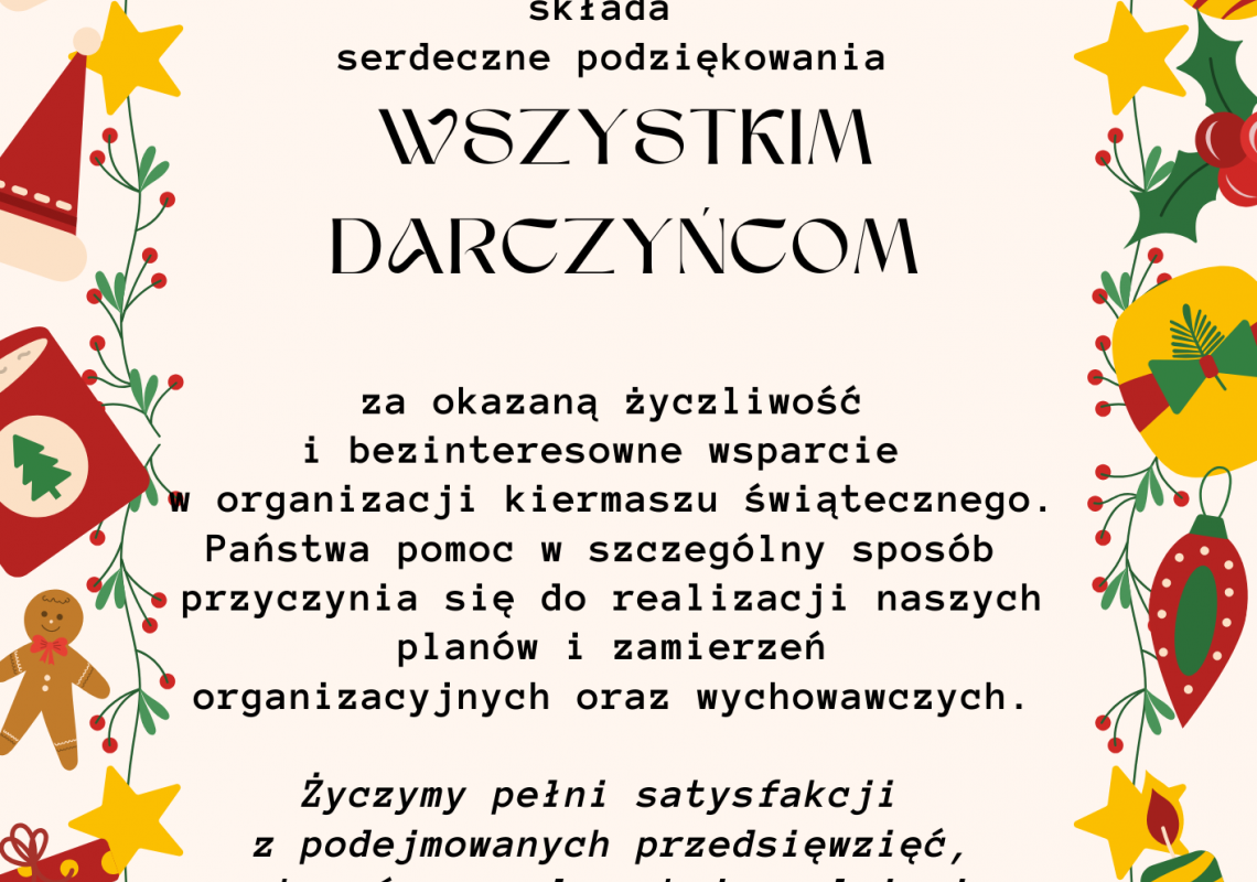 Podziękowanie za wsparcie kiermaszu