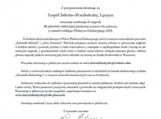 Zespół Szkolno-Przedszkolny w Łęczycach w Plebiscycie Edukacyjnym 2024